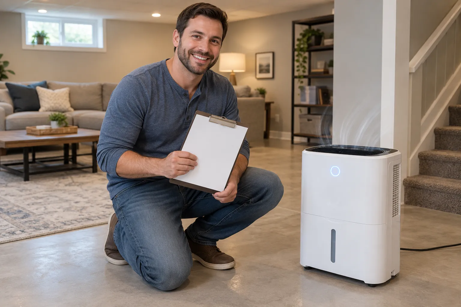 A homeowner checking a checklist beside a dehumidifier in a basement